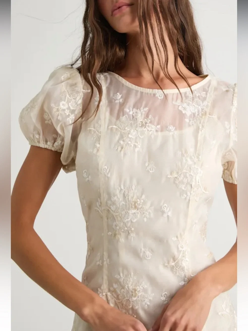 Lulus Elfrieda Cream Floral Embroidered Puff Sleeve Midi Dress Size Medium - Picture 7 of 9